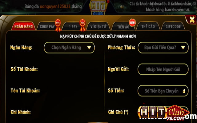 Những phương thức nạp rút tiền Hitclub