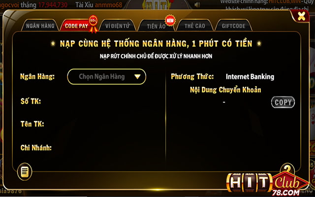 Thực hiện các bước nạp tiền để tham gia cược xì tố Hitclub