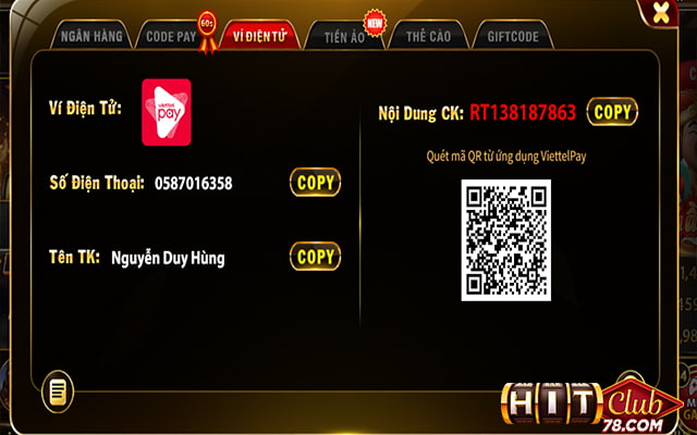 Tiến hành các bước nạp tiền tại Hitclub