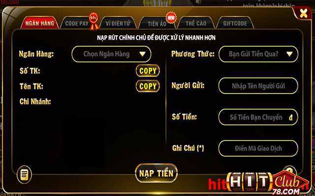 Chọn phương thức nạp tiền tại cổng game hitclub