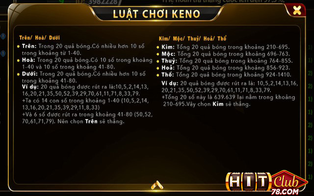 Kèo Kim, Mộc, Thuỷ, Hoả, Thổ keno Hitclub