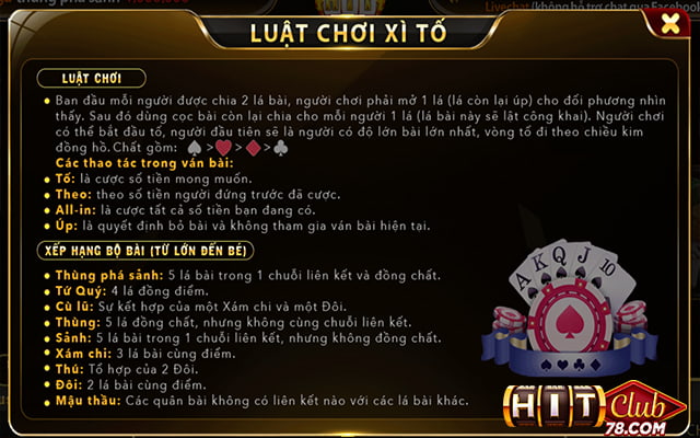 Luật chơi game xì tố tại cổng game Hitclub