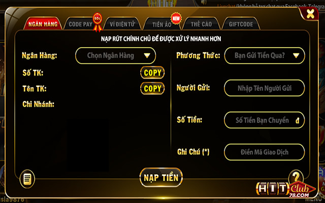 Nạp tiền HitClub bằng tài khoản ngân hàng