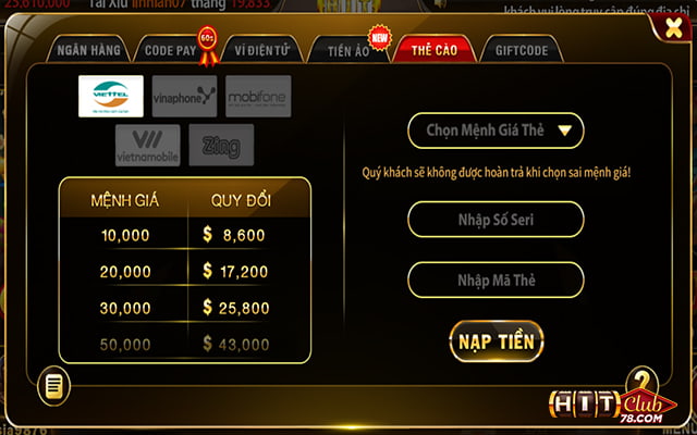 Các bước nạp tiền HitClub bằng thẻ cào