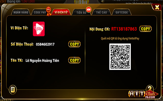 Nạp tiền tại HitClub theo Paywin, Momo