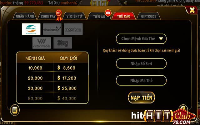 Chọn phương thức nạp tiền phù hợp vào hitclub
