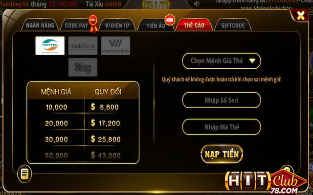 Nạp tiền vào tài khoản game keno Hitclub