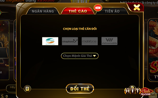 Rút tiền từ tài khoản HitClub bằng thẻ cào
