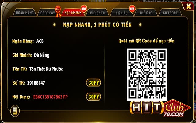Tiến hành nạp tiền vào cổng game hitclub để có vốn chơi