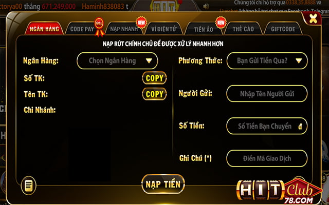 Tiến hành nạp tiền vào tài khoản Hitclub