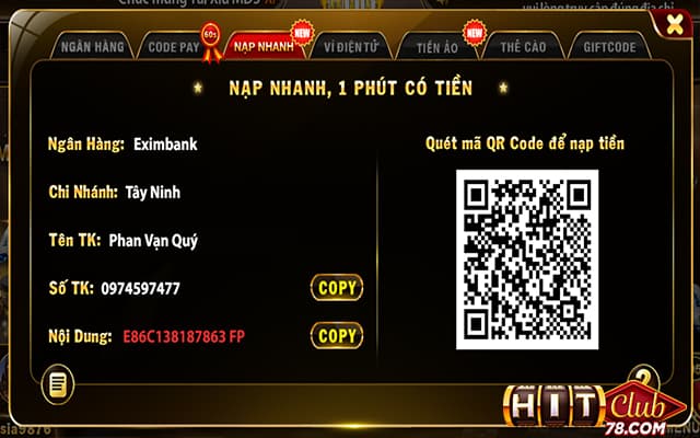 Nạp tiền để có thêm vốn chơi Kim cương hitclub